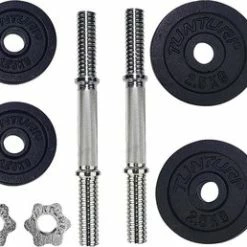 Beste deal ???? Tunturi Gewichten Gietijzer Totaal 20kg - Halterset Met Schroefsluiting - Dumbbell Set - 2 Halterstangen - 30mm - Incl. Gratis Fitness App ???? -XXL Nutrition-winkel 550x258 1