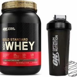 Uitgang ???? Optimum Nutrition Gold Standard 100% Whey Protein Bundel - Double Rich Chocolate Proteine Poeder + ON Shakebeker - 900 Gram (28 Servings) ⭐