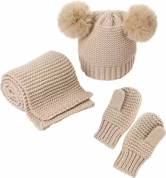Nieuw ???? Merkloos Gebreide Set Muts Twee Pompoms Sjaal Wanten Beige Peuter 2-4 Jaar ???? 3 Nieuw ???? Merkloos Gebreide Set Muts Twee Pompoms Sjaal Wanten Beige Peuter 2-4 Jaar ????